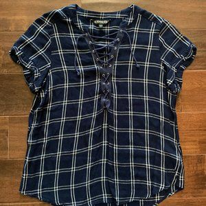 Express Women's Blue and White Plaid Lace-Up Top Size Small